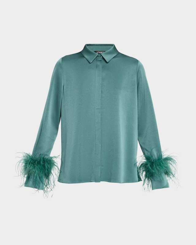 Luna Feather-Cuff Satin Blous